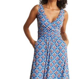 Boden Effie VNeck Stretch Jersey Faux Wrap Dress Moroccan Blue Palm Petal 4R